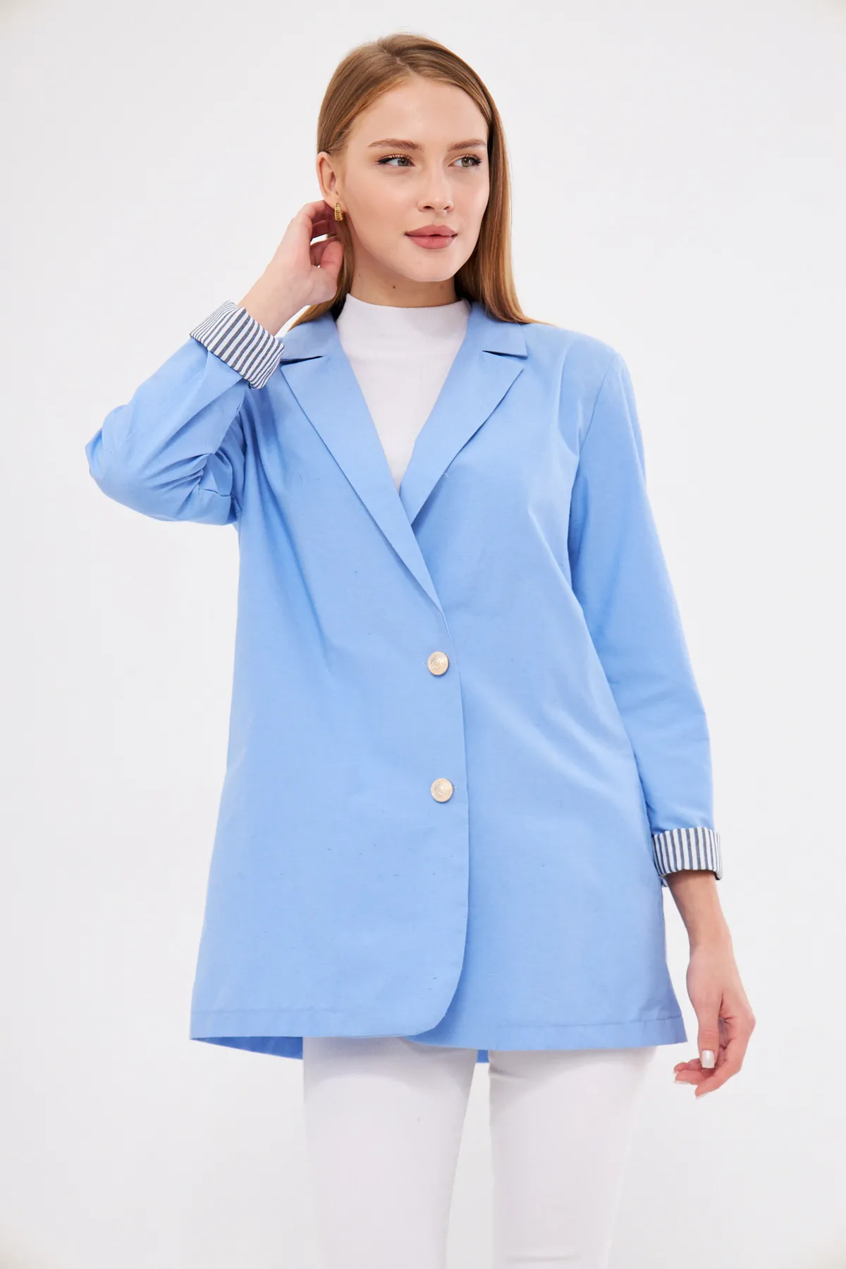 ARM-25K001015 Bebe Mavi Kruvaze Yaka Kolu Katlama Detaylı Oversize Vatkalı Blazer Ceket