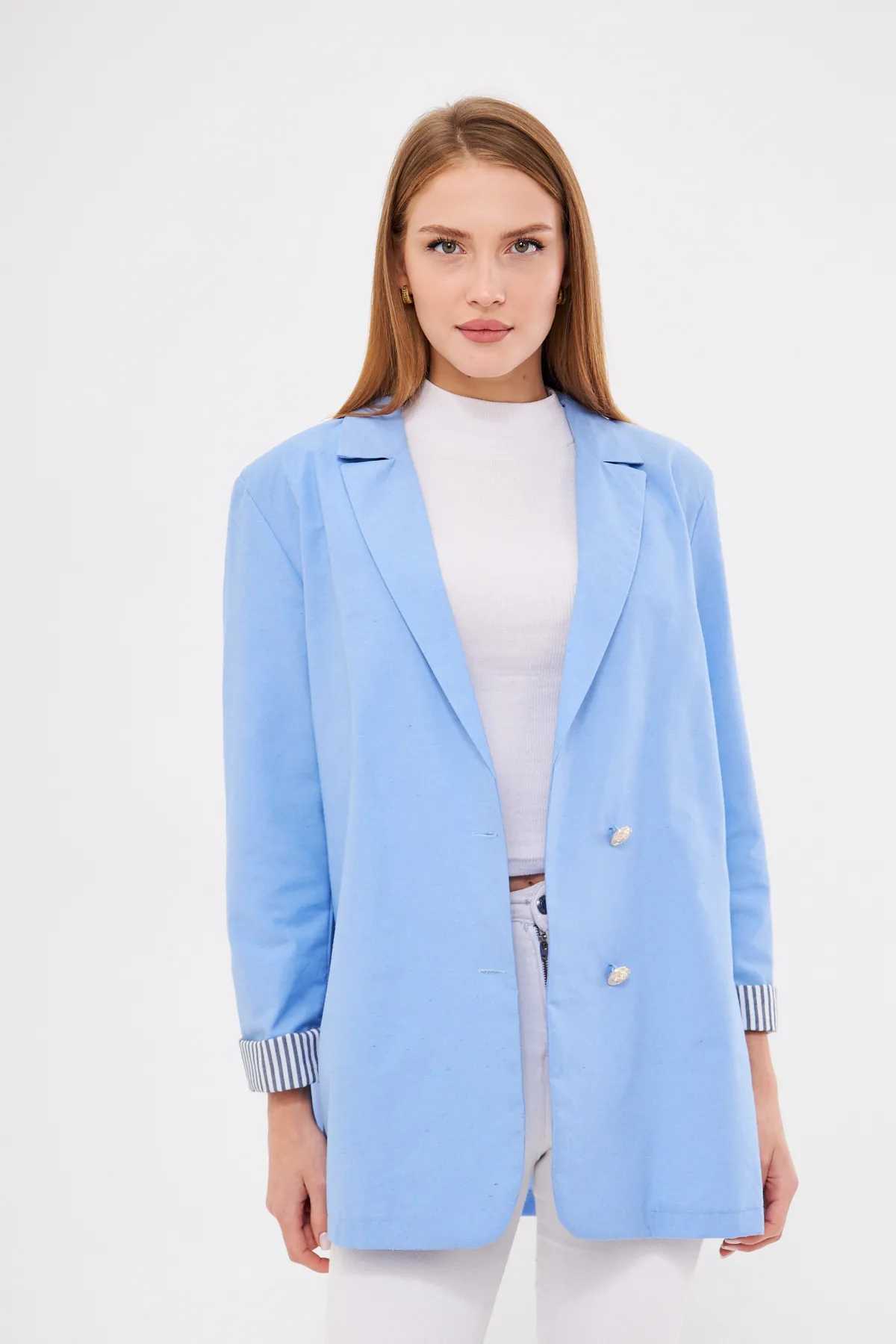 ARM-25K001015 Bebe Mavi Kruvaze Yaka Kolu Katlama Detaylı Oversize Vatkalı Blazer Ceket