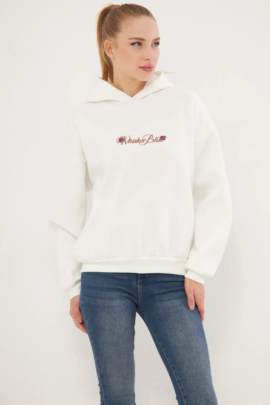 ARM-25K001046 Beyaz Kapüşonlu İçi Şardonlu Baskılı Oversize Sweatshirt