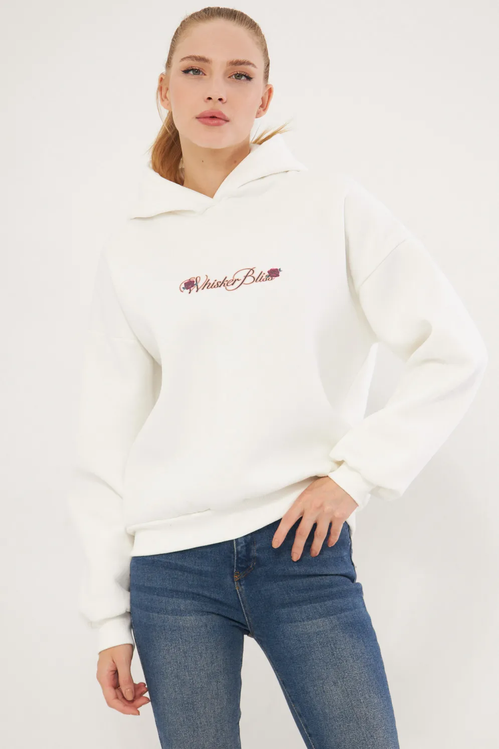 ARM-25K001046 Beyaz Kapüşonlu İçi Şardonlu Baskılı Oversize Sweatshirt