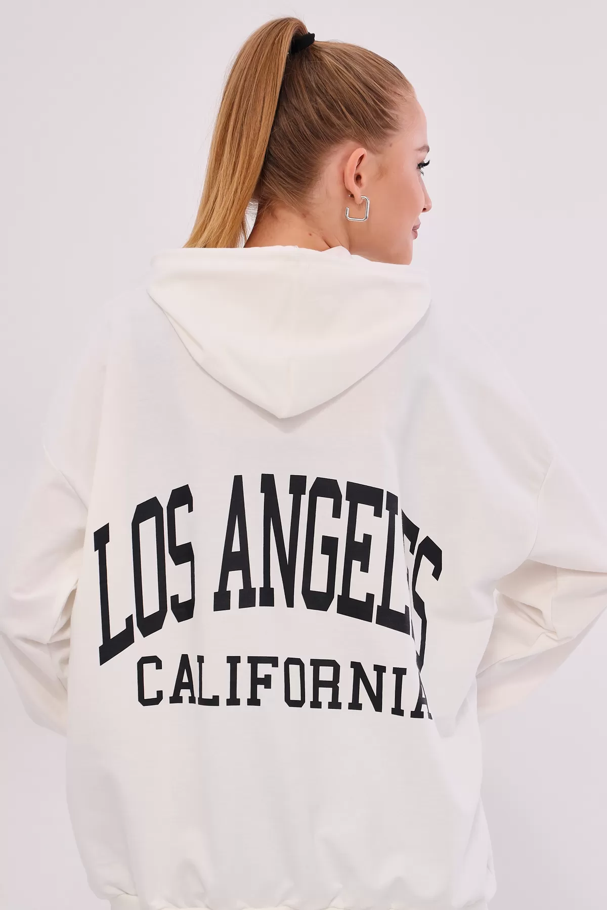 ARM-25K001026 Beyaz Los Angeles Baskılı Kapüşonlu Oversize Sweatshirt