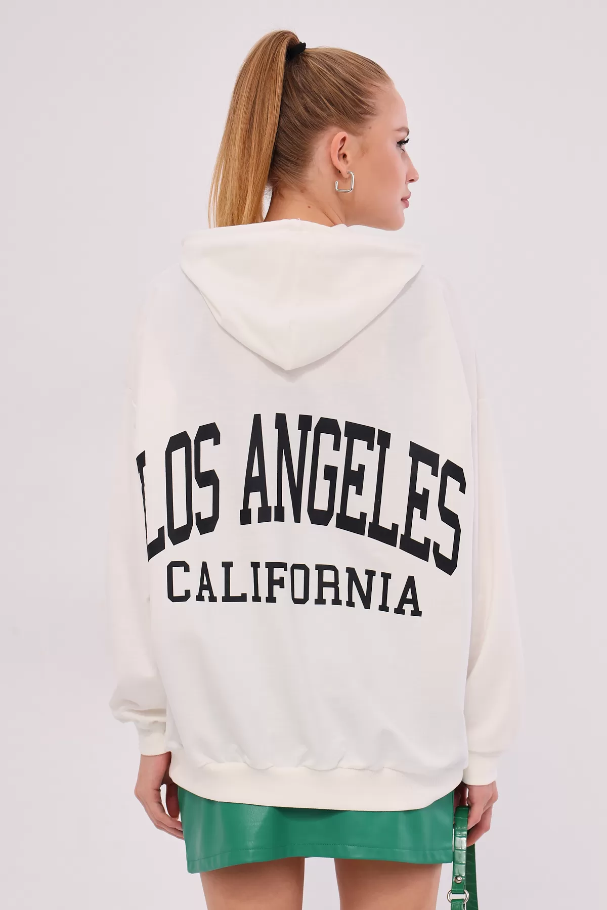 ARM-25K001026 Beyaz Los Angeles Baskılı Kapüşonlu Oversize Sweatshirt