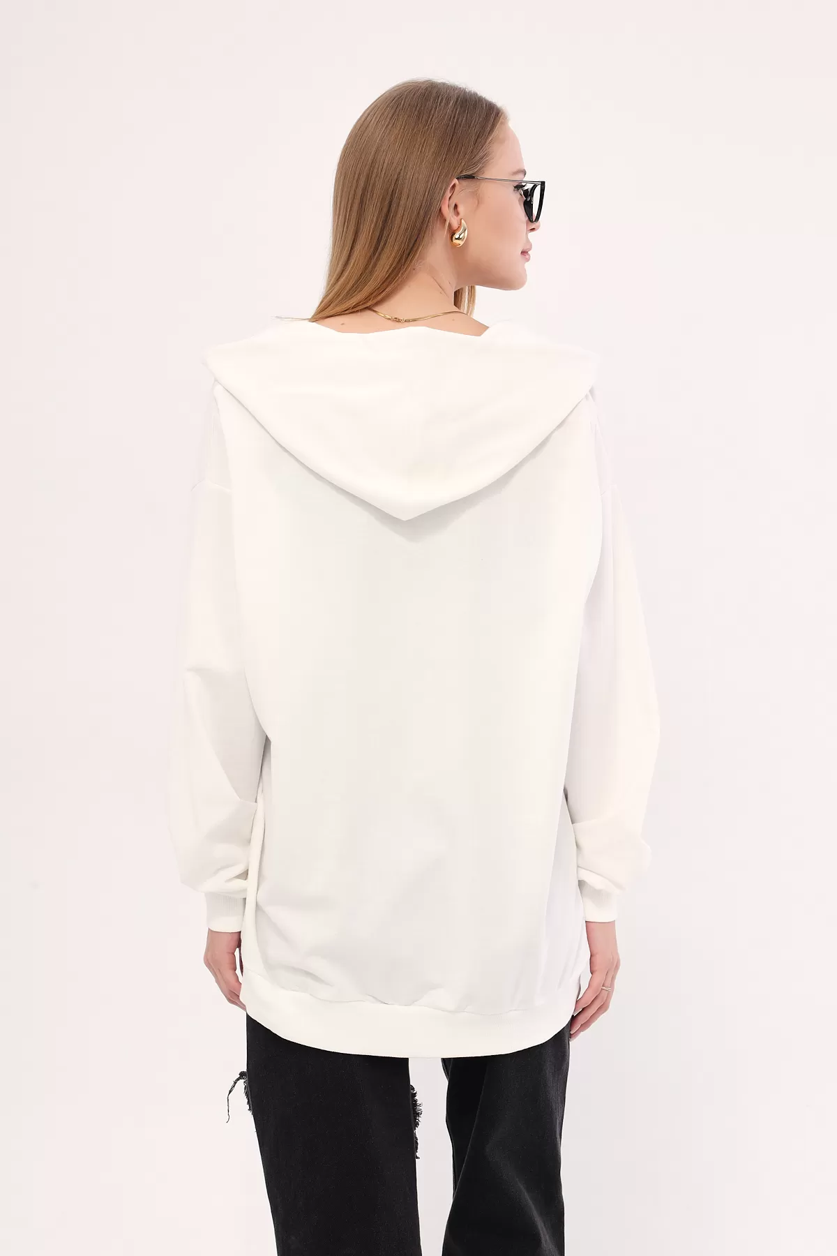 ARM-25K001024 Beyaz Önü Fermuarlı Kapüşonlu Oversize Sweatshirt