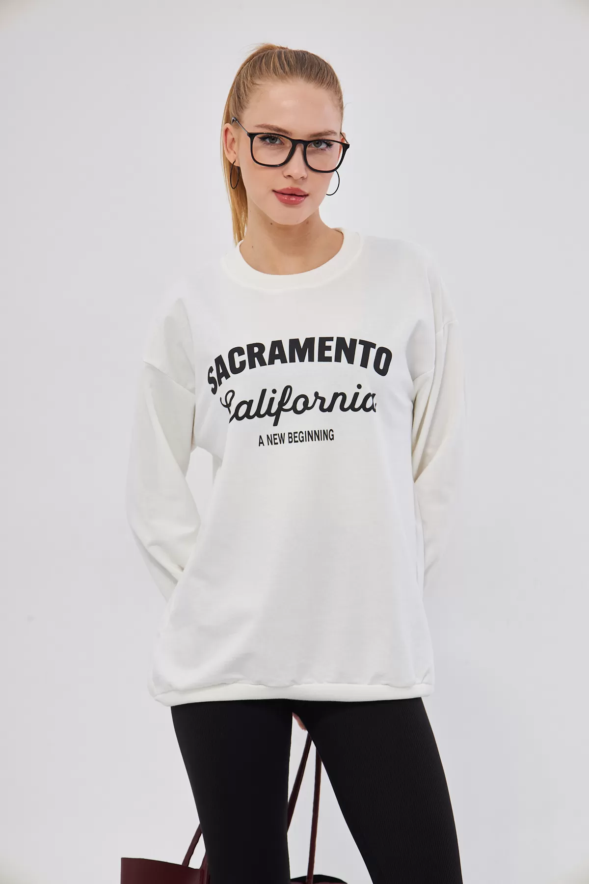 ARM-25K001020 Beyaz Sacramento Baskılı Oversize Sweatshirt