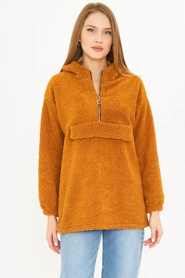 ARM-25K001090 Camel Kapüşonlu Cep Kapaklı Peluş Sweatshirt