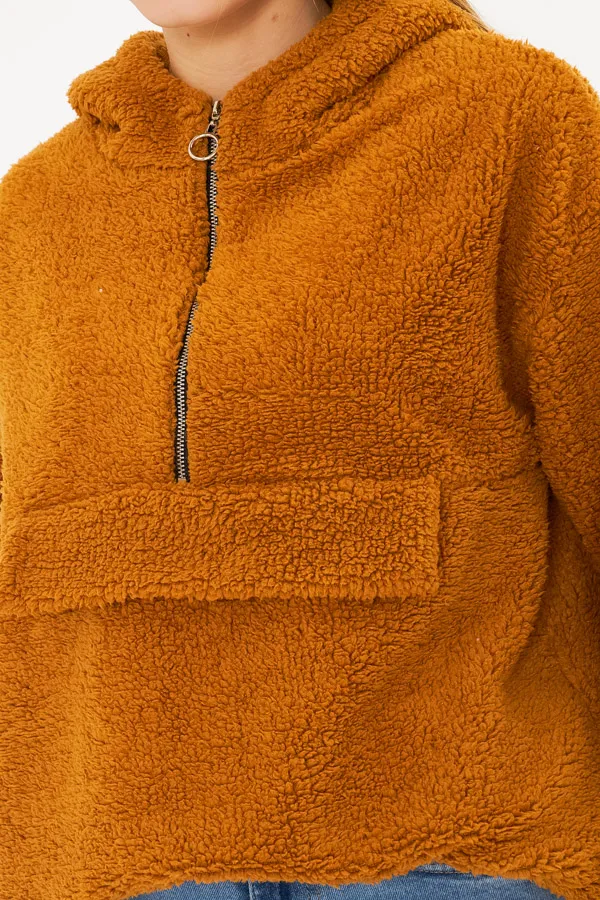 ARM-25K001090 Camel Kapüşonlu Cep Kapaklı Peluş Sweatshirt