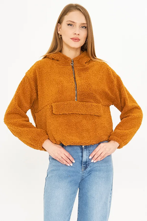 ARM-25K001090 Camel Kapüşonlu Cep Kapaklı Peluş Sweatshirt