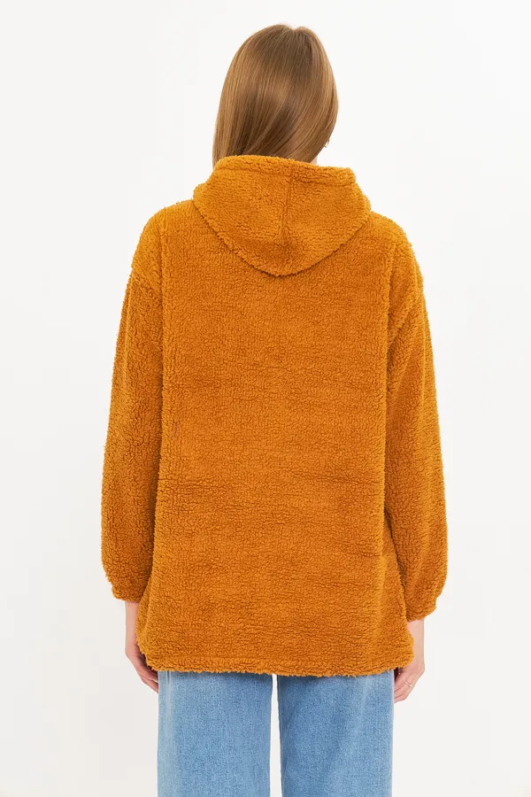 ARM-25K001090 Camel Kapüşonlu Cep Kapaklı Peluş Sweatshirt