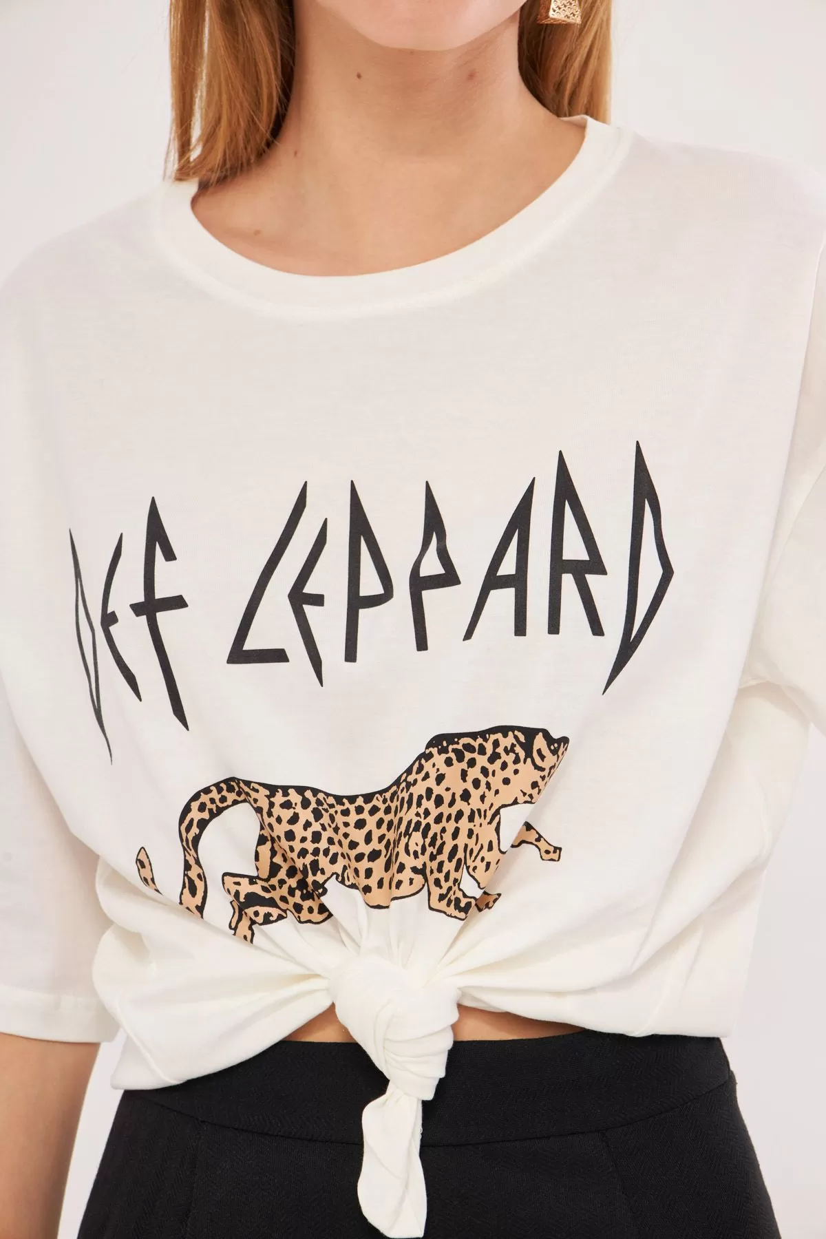 ARM-24Y024022 Ekru Önü Leopar Baskılı Oversize T-Shirt