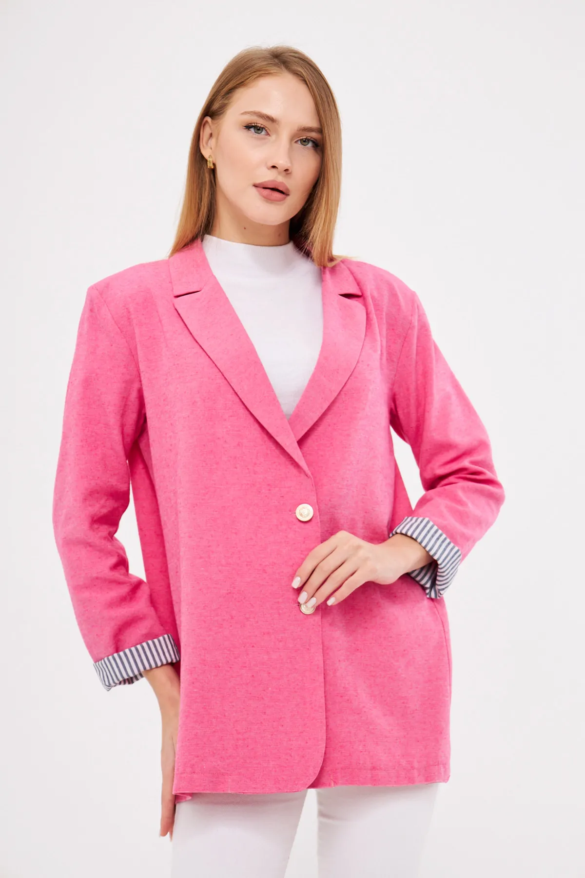 ARM-25K001015 Fuşya Kruvaze Yaka Kolu Katlama Detaylı Oversize Vatkalı Blazer Ceket