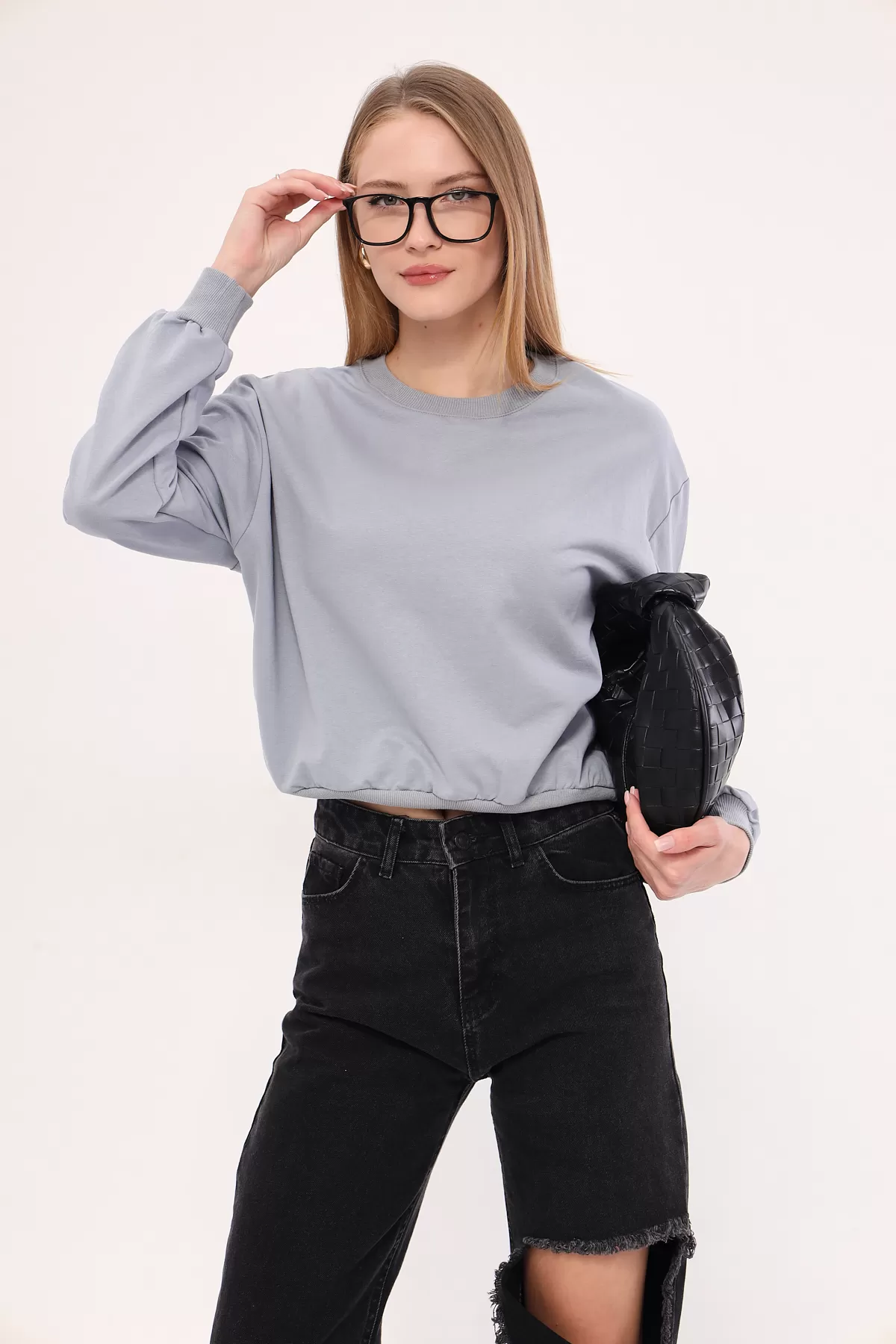 ARM-25K001027 Gri Bisiklet Yaka Crop Sweatshirt