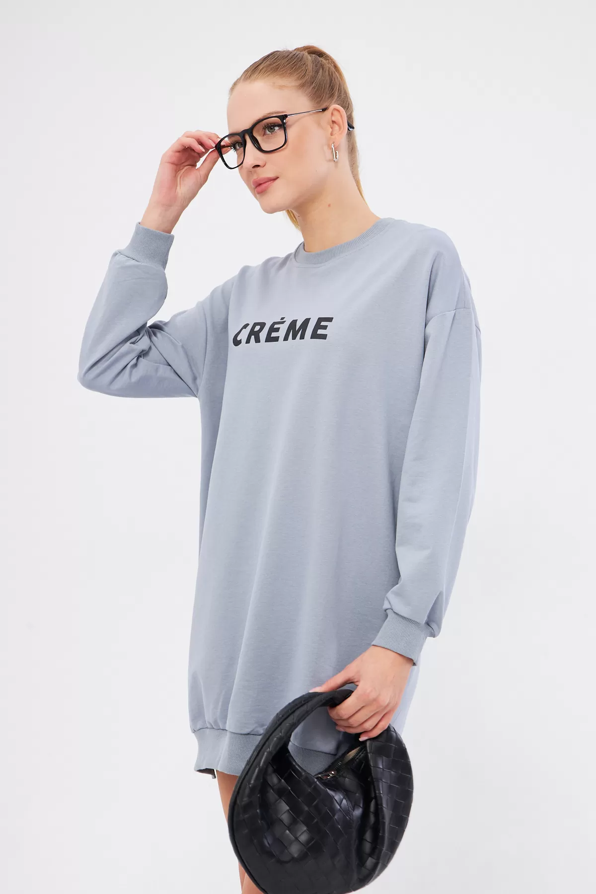 ARM-25K001029 Gri Bisiklet Yaka Önü Yazılı Tunik Sweatshirt