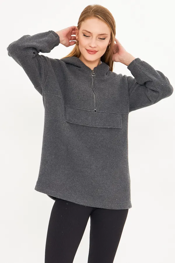 ARM-25K001097 Gri Kapüşonlu Cep Kapaklı Kaşe Sweatshirt