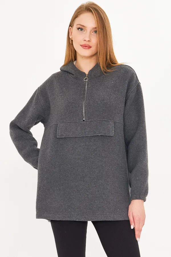 ARM-25K001097 Gri Kapüşonlu Cep Kapaklı Kaşe Sweatshirt