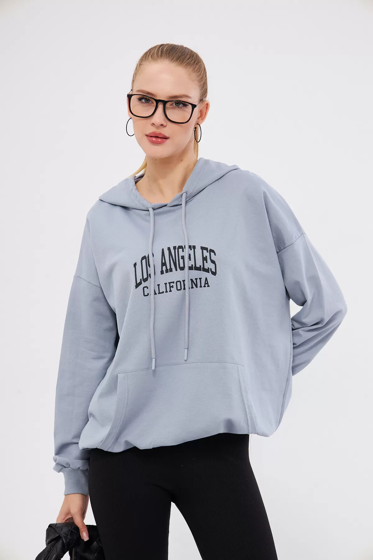 ARM-25K001026 Gri Los Angeles Baskılı Kapüşonlu Oversize Sweatshirt