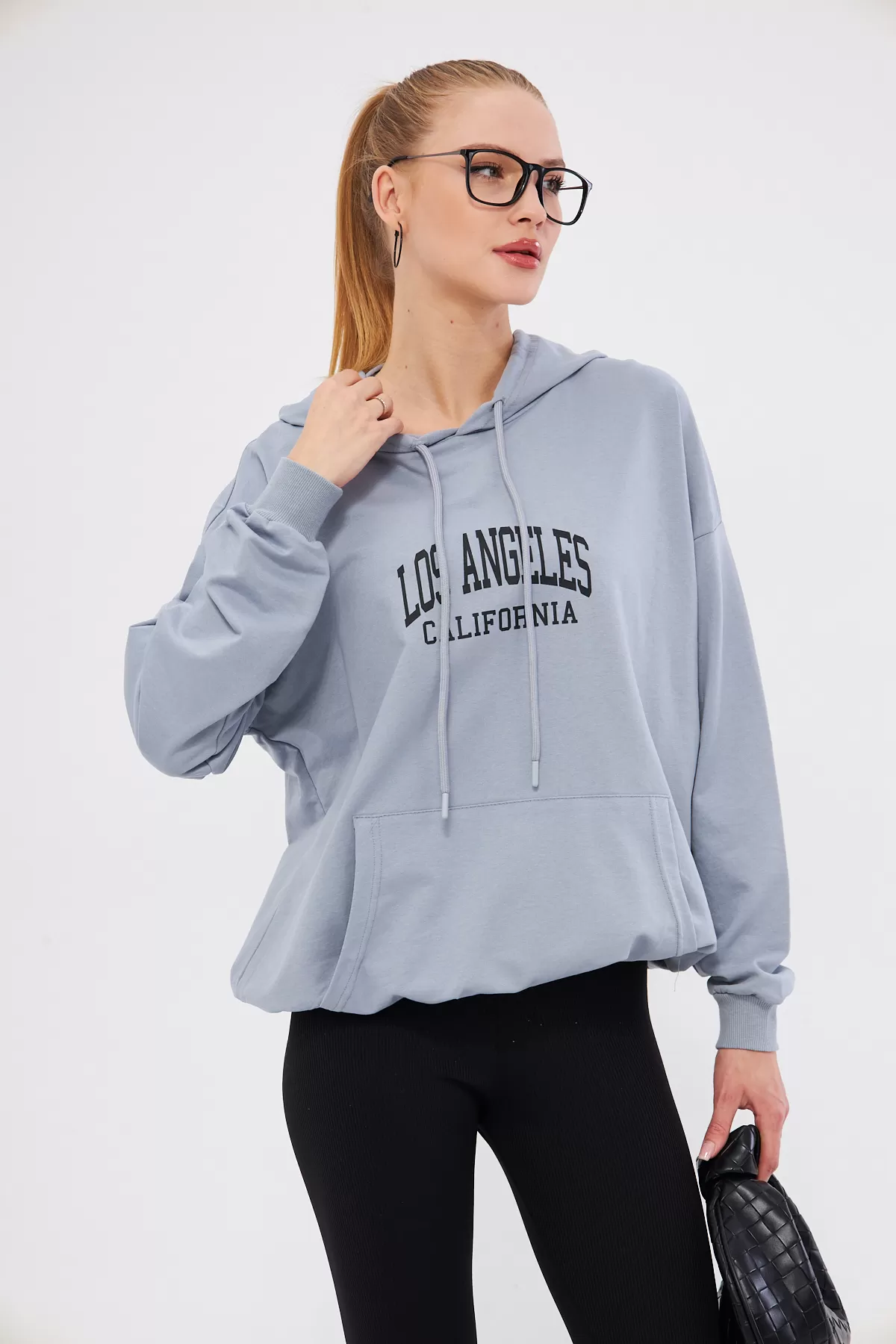 ARM-25K001026 Gri Los Angeles Baskılı Kapüşonlu Oversize Sweatshirt