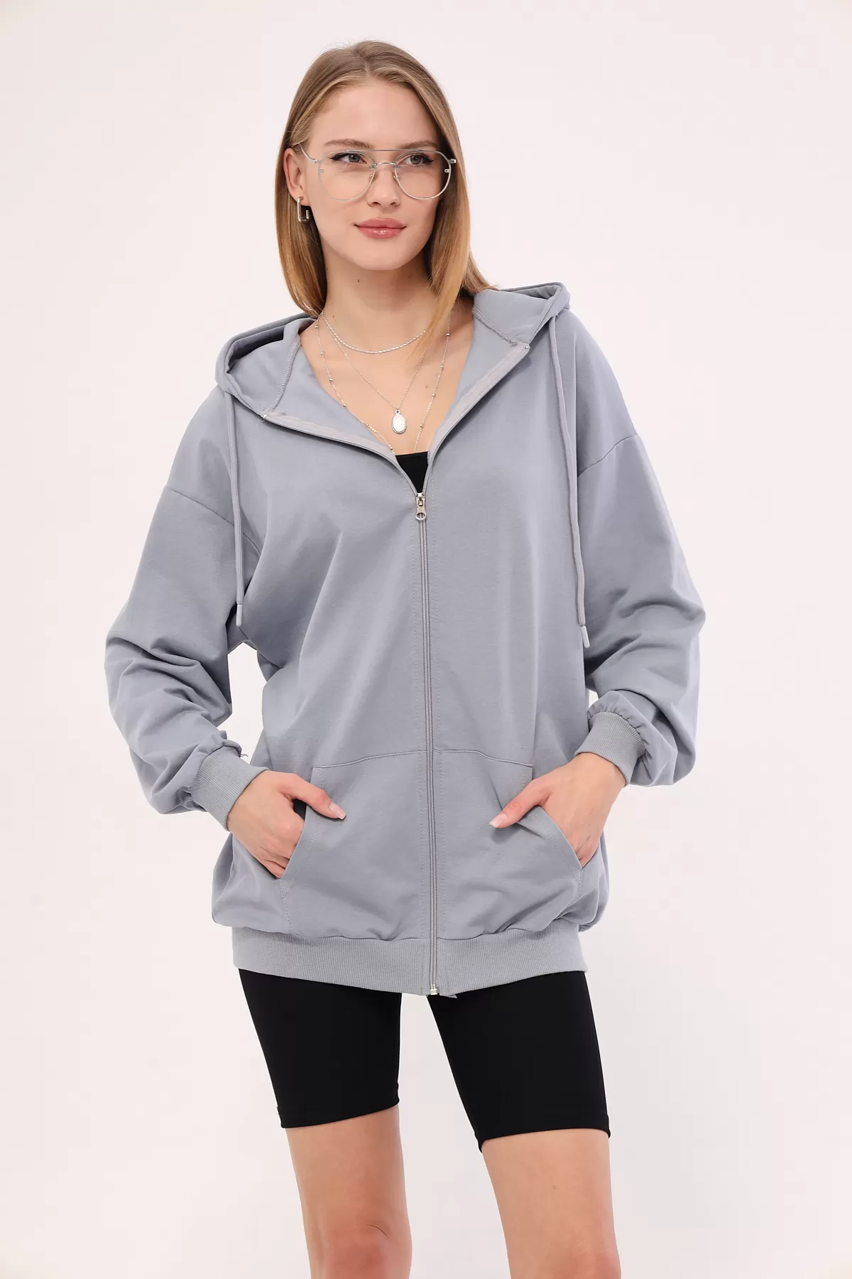 ARM-25K001024 Gri Önü Fermuarlı Kapüşonlu Oversize Sweatshirt