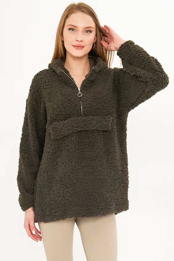 ARM-25K001090 Haki Kapüşonlu Cep Kapaklı Peluş Sweatshirt