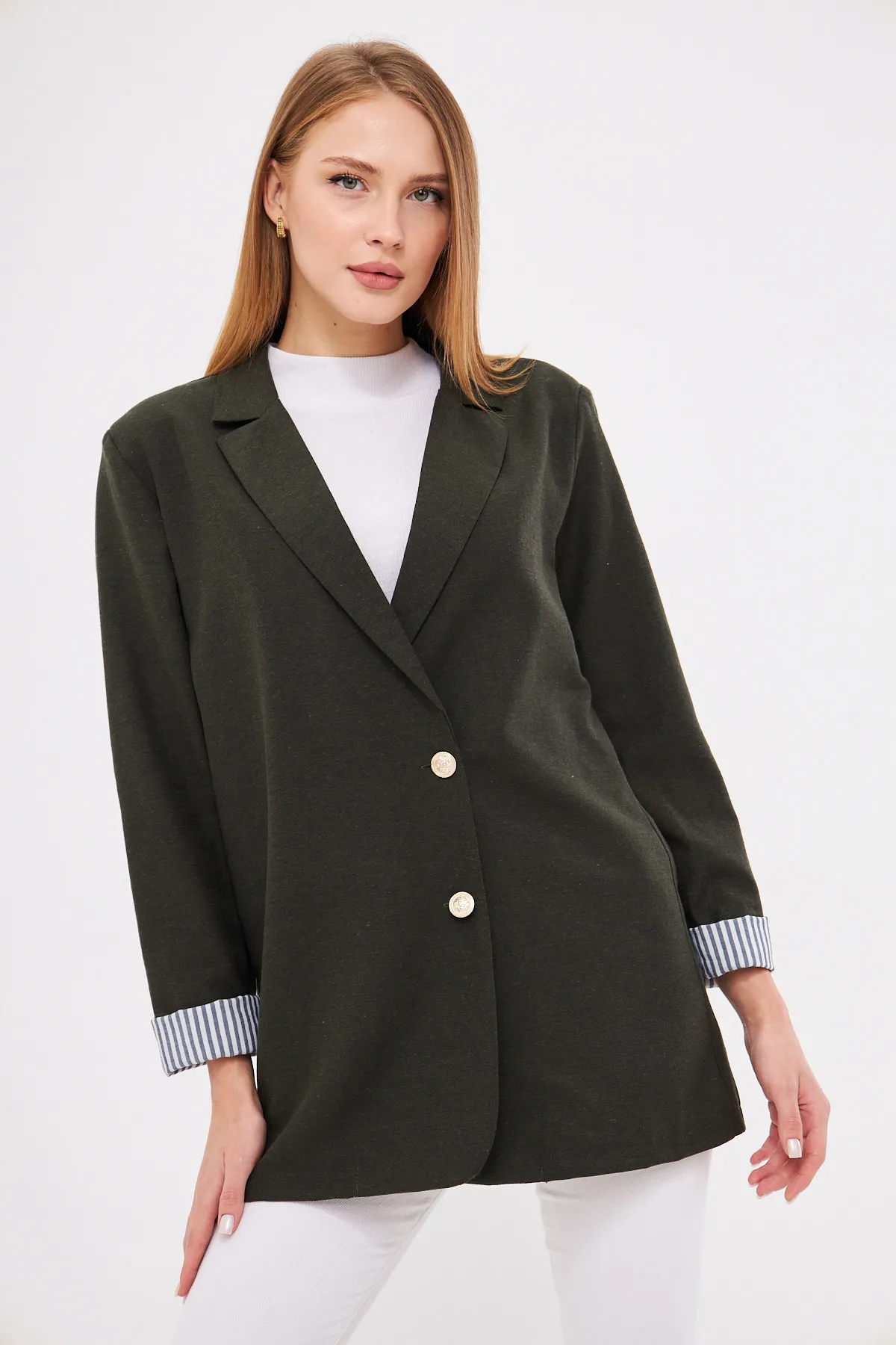 ARM-25K001015 Haki Kruvaze Yaka Kolu Katlama Detaylı Oversize Vatkalı Blazer Ceket