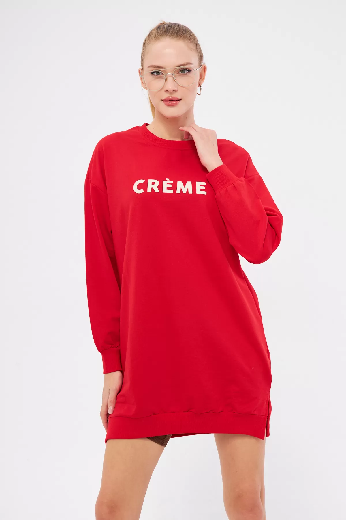 ARM-25K001029 Kırmızı Bisiklet Yaka Önü Yazılı Tunik Sweatshirt