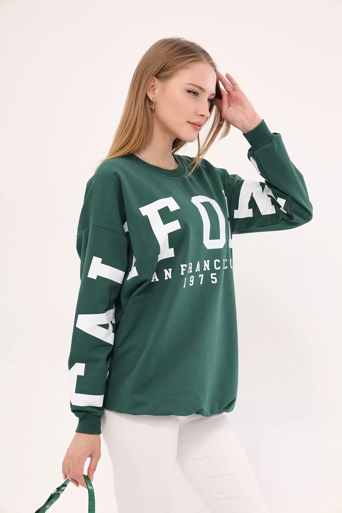 ARM-25K001023 Koyu Yeşil Bisiklet Yaka Calıfornıa Baskılı Oversize Sweatshirt