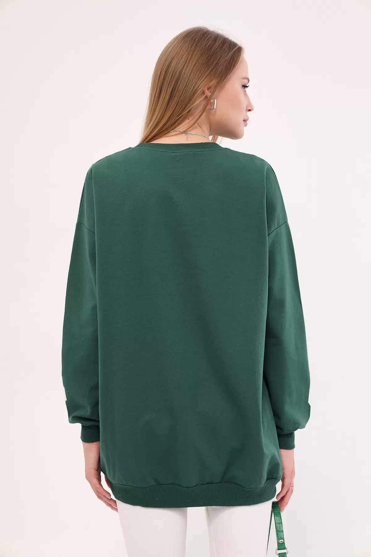 ARM-25K001023 Koyu Yeşil Bisiklet Yaka Calıfornıa Baskılı Oversize Sweatshirt