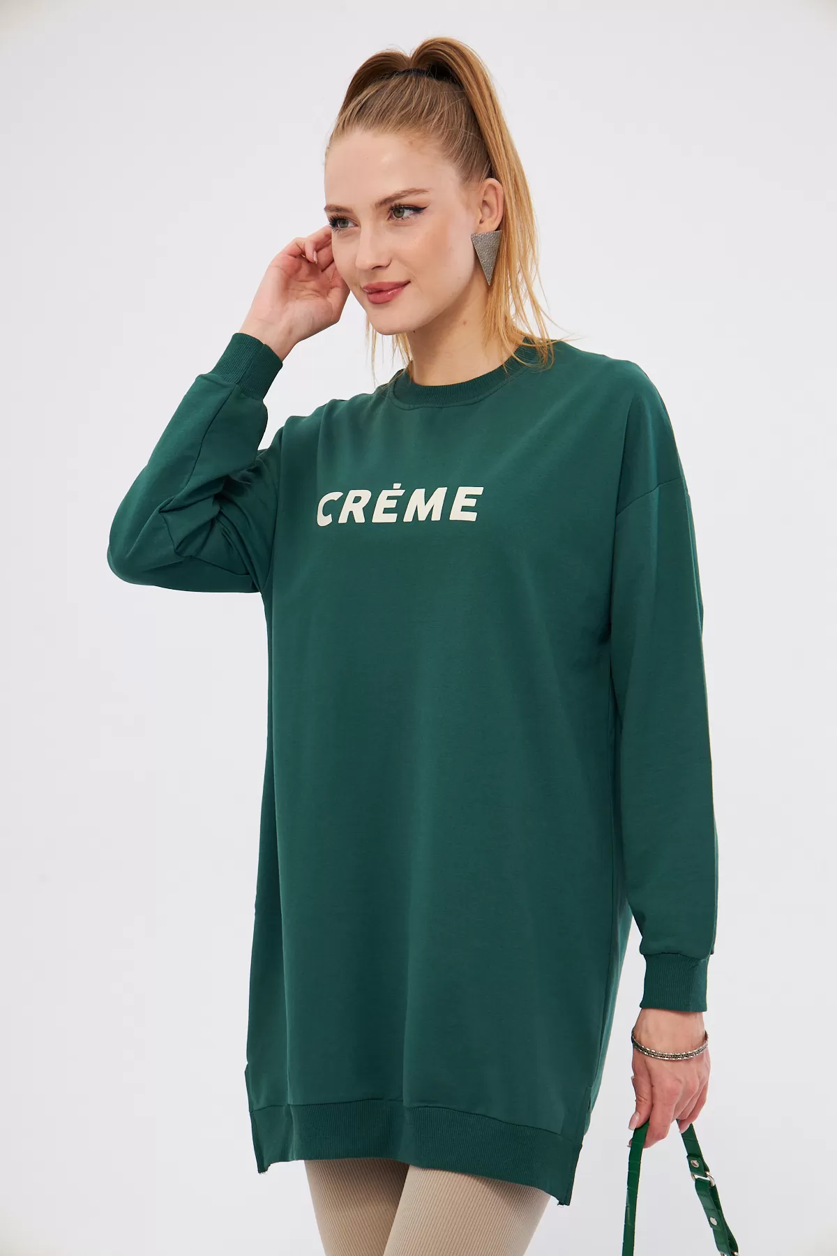 ARM-25K001029 Koyu Yeşil Bisiklet Yaka Önü Yazılı Tunik Sweatshirt