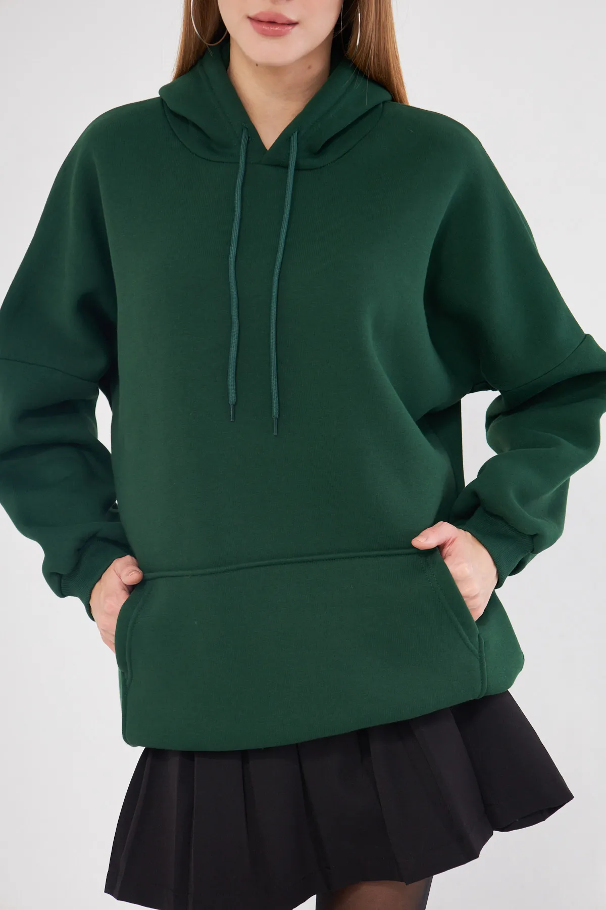 ARM-25K001045 Koyu Yeşil Kapüşonlu İçi Şardonlu Kanguru Cepli Oversize Sweatshirt