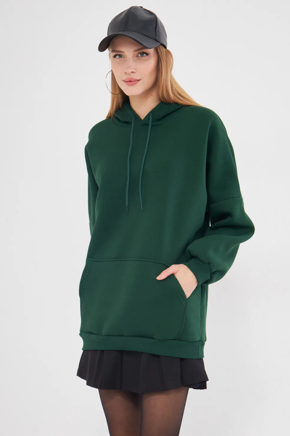 ARM-25K001045 Koyu Yeşil Kapüşonlu İçi Şardonlu Kanguru Cepli Oversize Sweatshirt