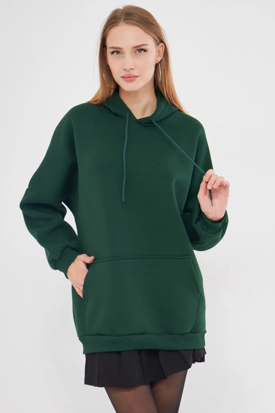 ARM-25K001045 Koyu Yeşil Kapüşonlu İçi Şardonlu Kanguru Cepli Oversize Sweatshirt