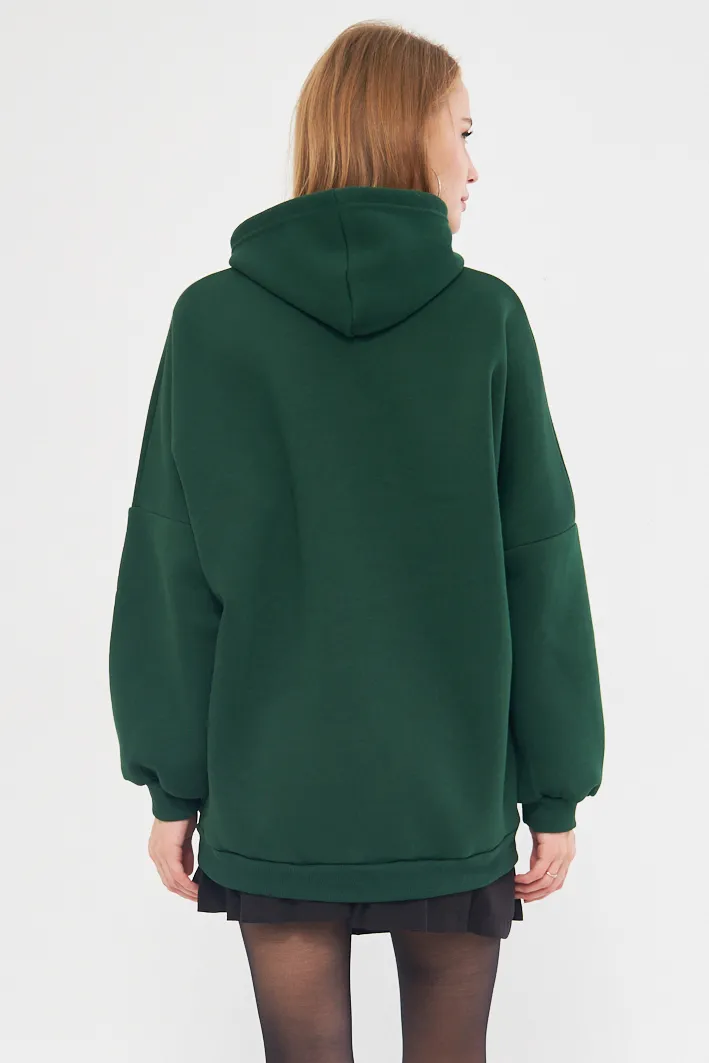 ARM-25K001045 Koyu Yeşil Kapüşonlu İçi Şardonlu Kanguru Cepli Oversize Sweatshirt