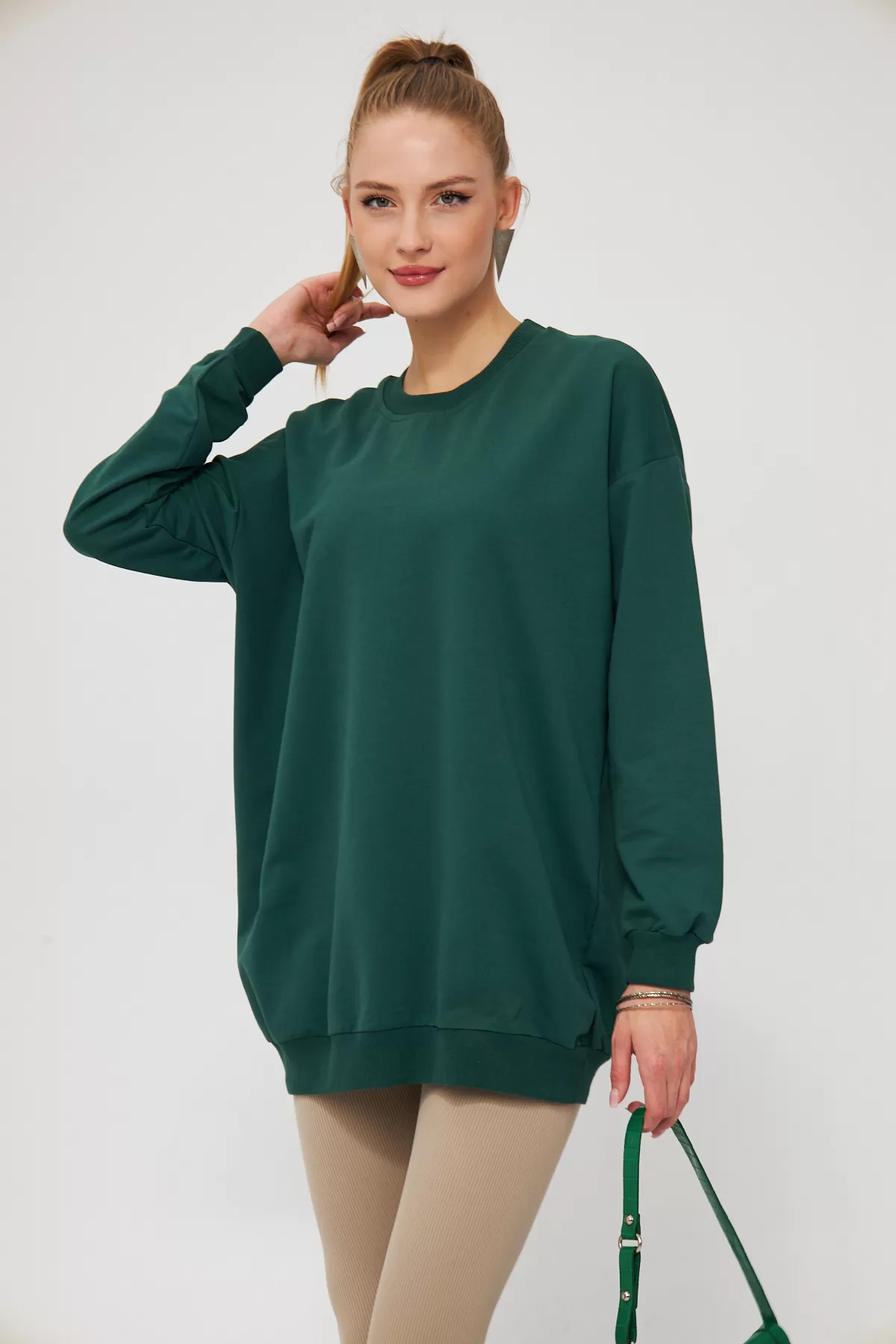 ARM-22K024027 Koyu Yeşil Yuvarlak Yaka Oversize Sweatshirt