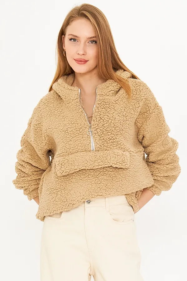 ARM-25K001090 Krem Kapüşonlu Cep Kapaklı Peluş Sweatshirt