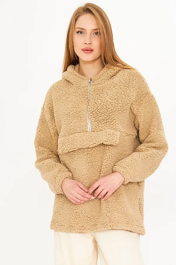 ARM-25K001090 Krem Kapüşonlu Cep Kapaklı Peluş Sweatshirt