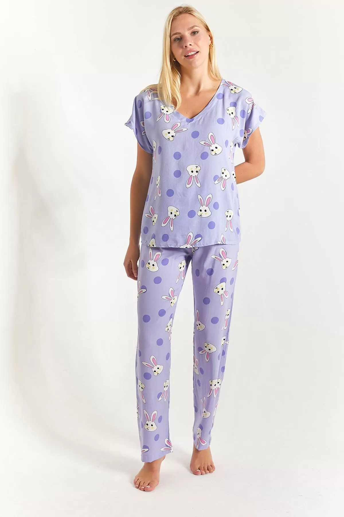 ARM-23Y001060 Lila Tavşan Desenli Alt-üst Pijama Takımı