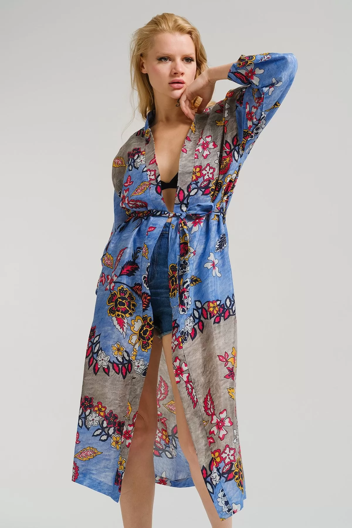 ARM-22Y001120 Mavi Desenli Uzun Kimono