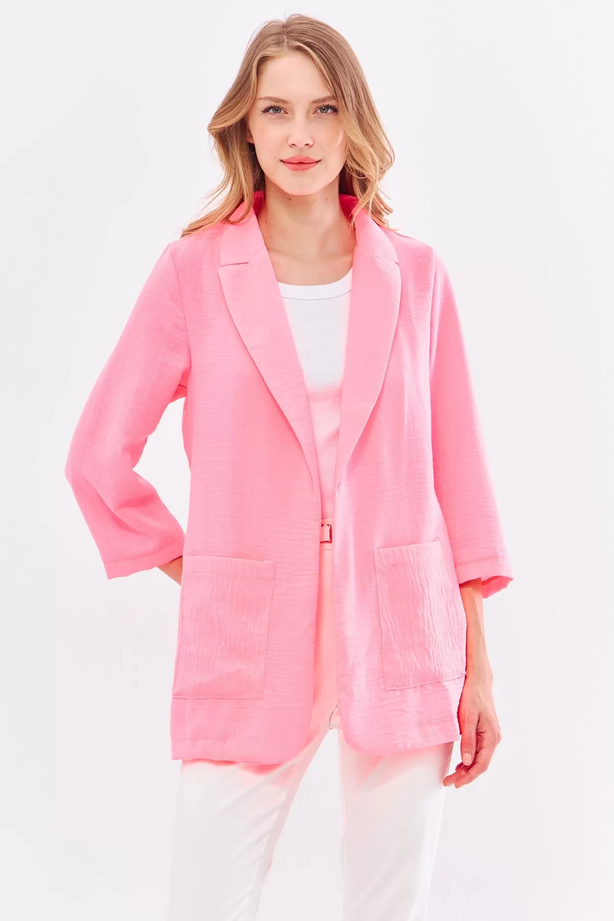 ARM-24Y001065 Neon Pembe Keten Görünümlü Cepli Oversize Ceket