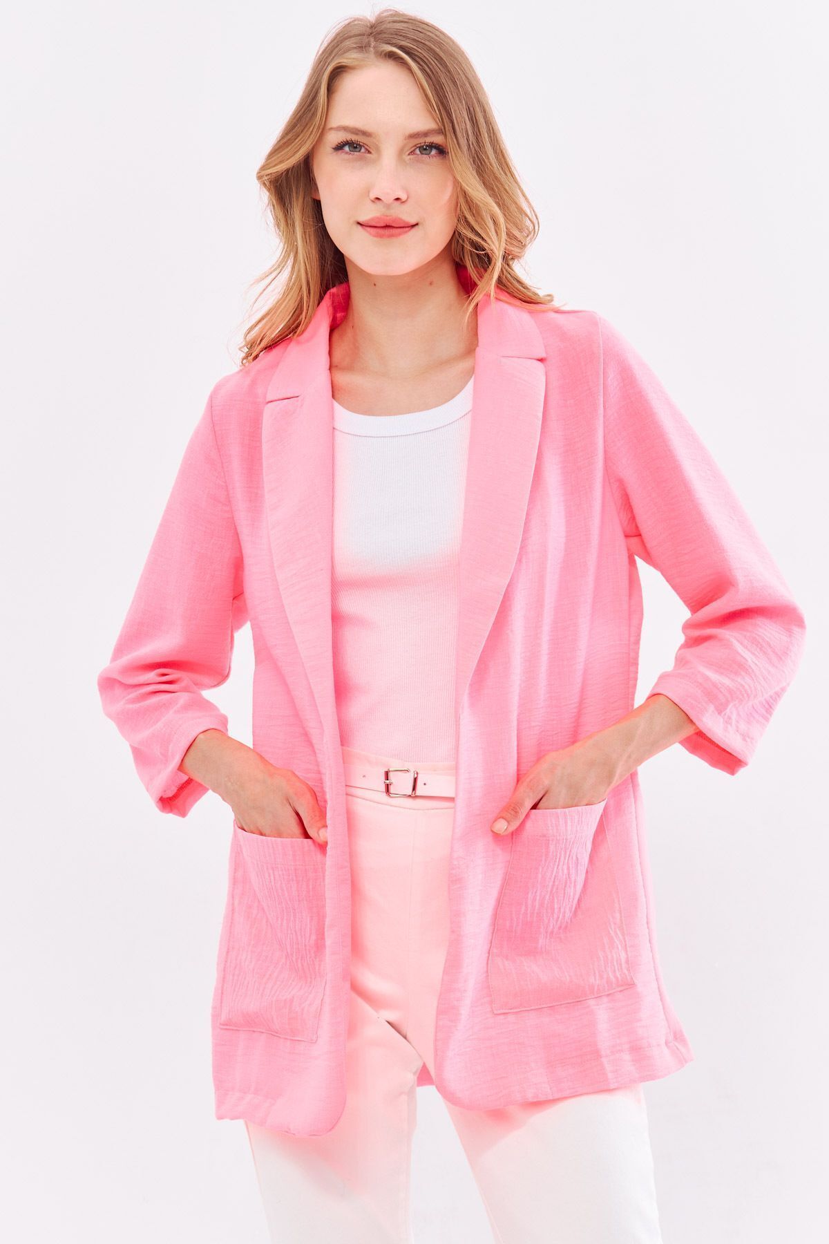 ARM-24Y001065 Neon Pembe Keten Görünümlü Cepli Oversize Ceket