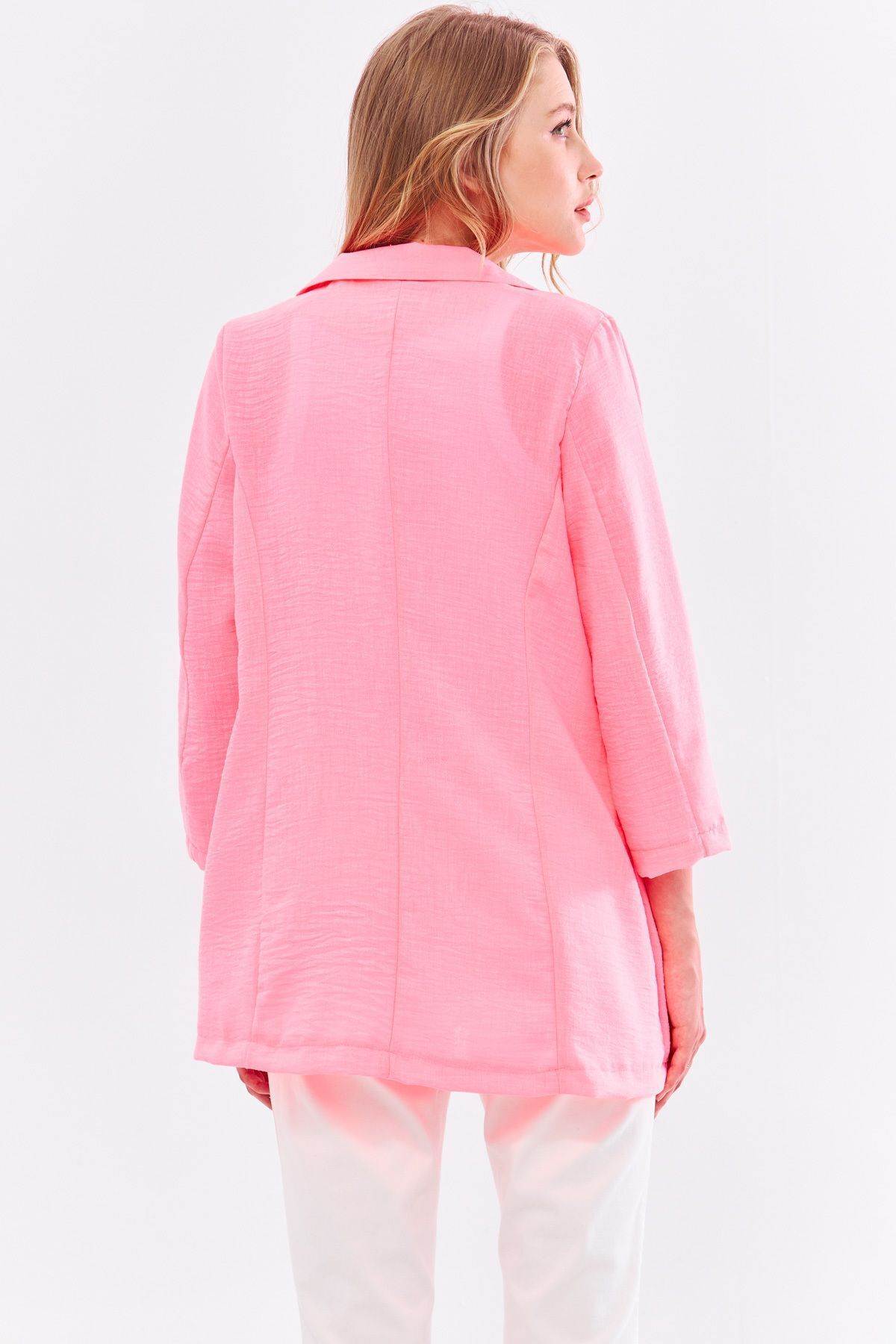 ARM-24Y001065 Neon Pembe Keten Görünümlü Cepli Oversize Ceket