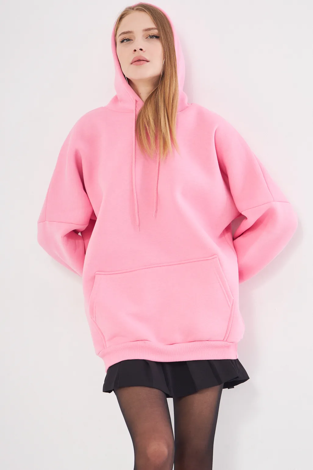 ARM-25K001045 Pembe Kapüşonlu İçi Şardonlu Kanguru Cepli Oversize Sweatshirt