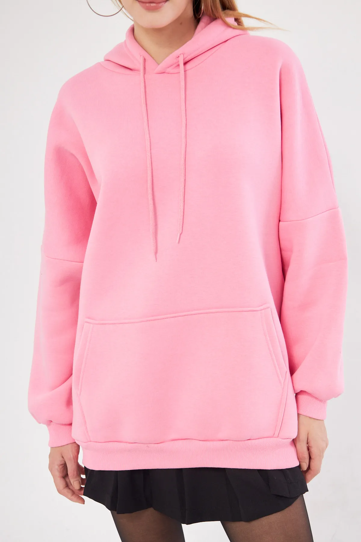 ARM-25K001045 Pembe Kapüşonlu İçi Şardonlu Kanguru Cepli Oversize Sweatshirt