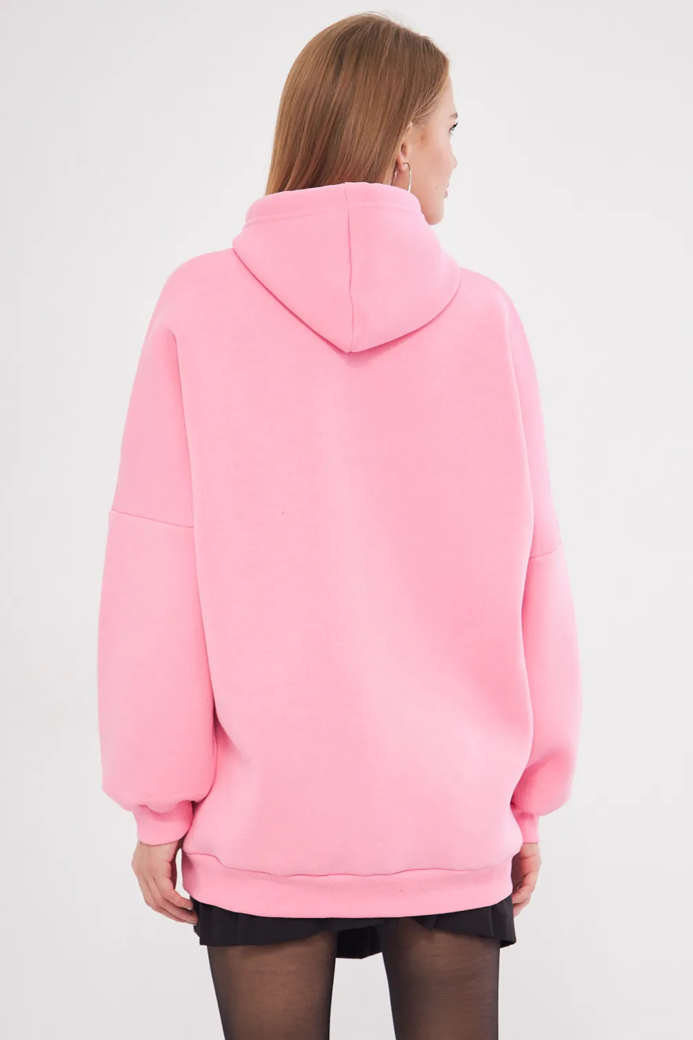 ARM-25K001045 Pembe Kapüşonlu İçi Şardonlu Kanguru Cepli Oversize Sweatshirt