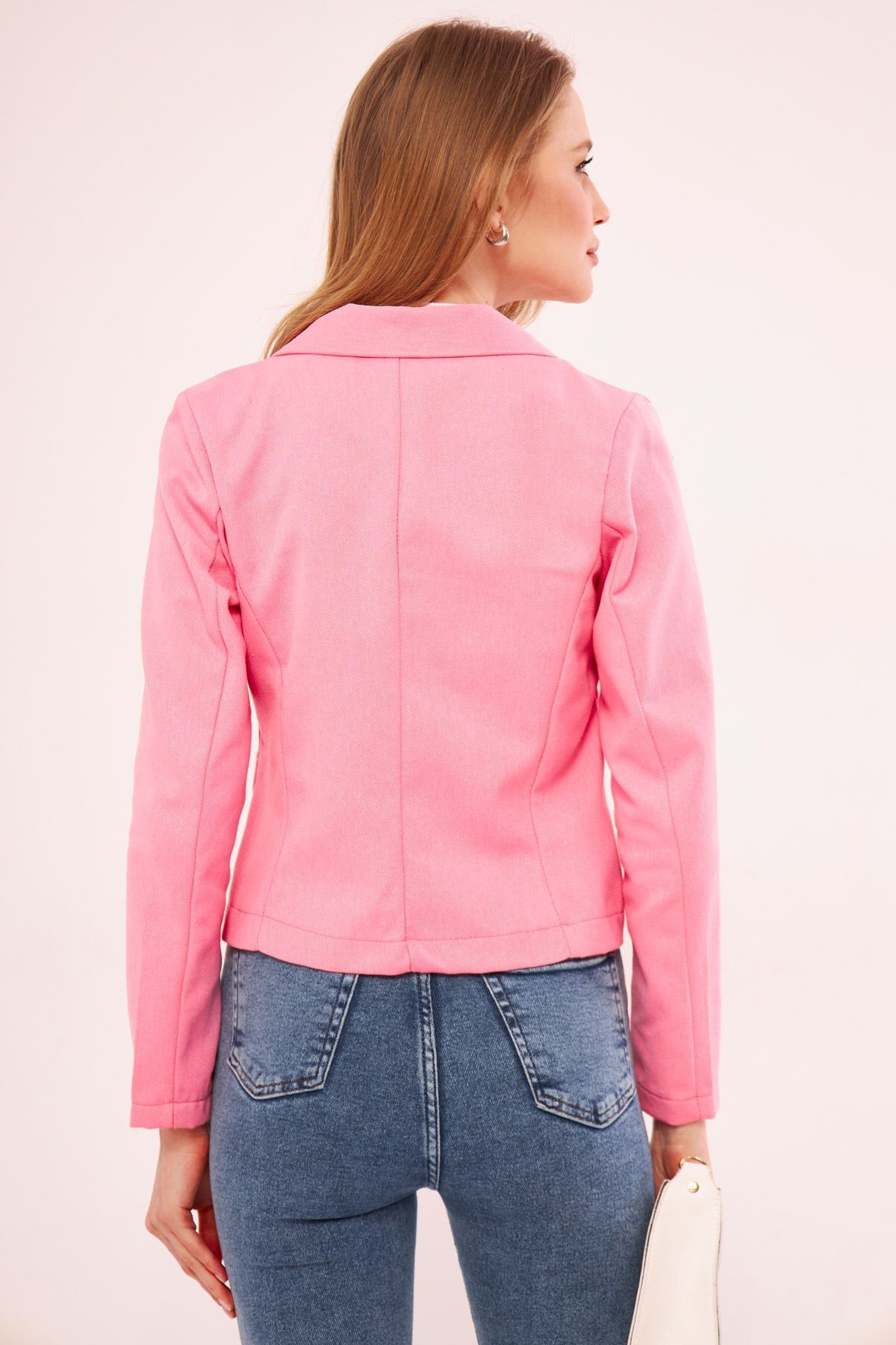 ARM-24Y001010 Pembe Kruvaze Yaka Gabardin Crop Ceket