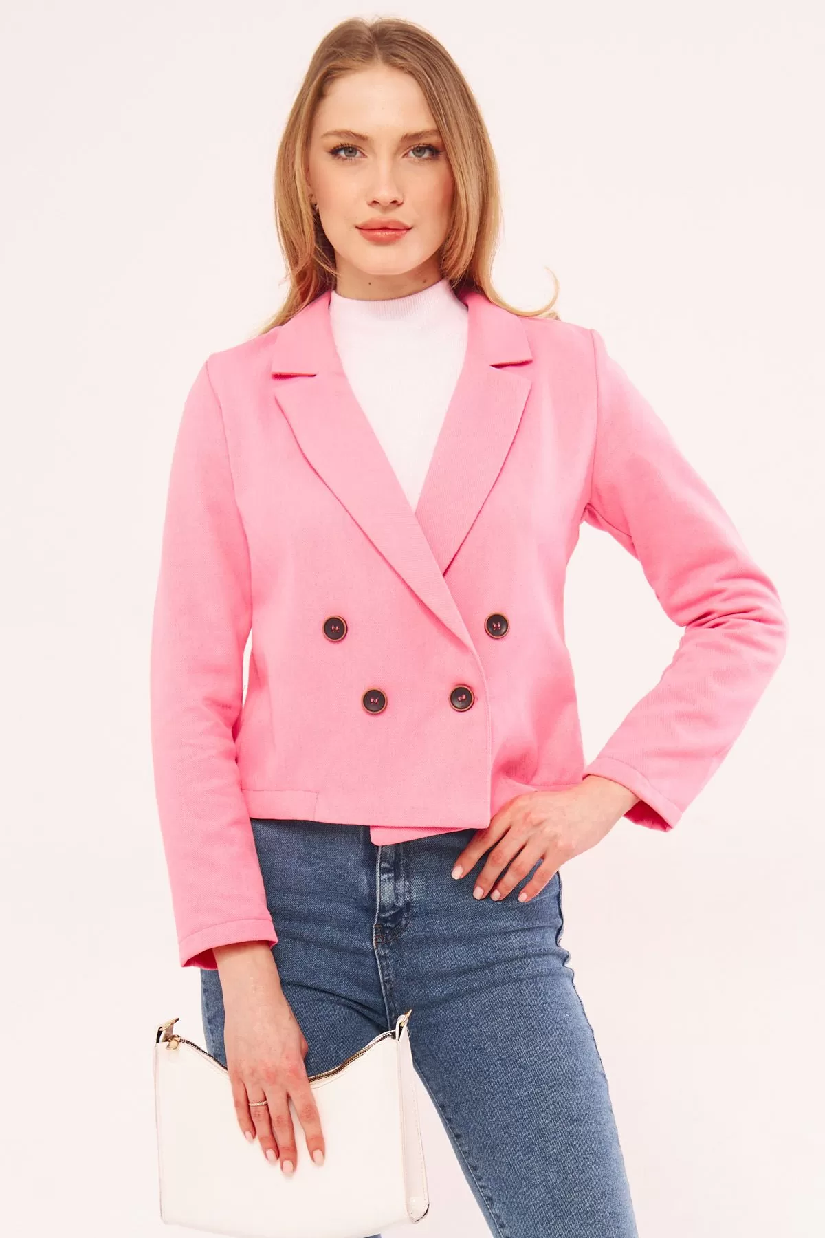 ARM-24Y001010 Pembe Kruvaze Yaka Gabardin Crop Ceket