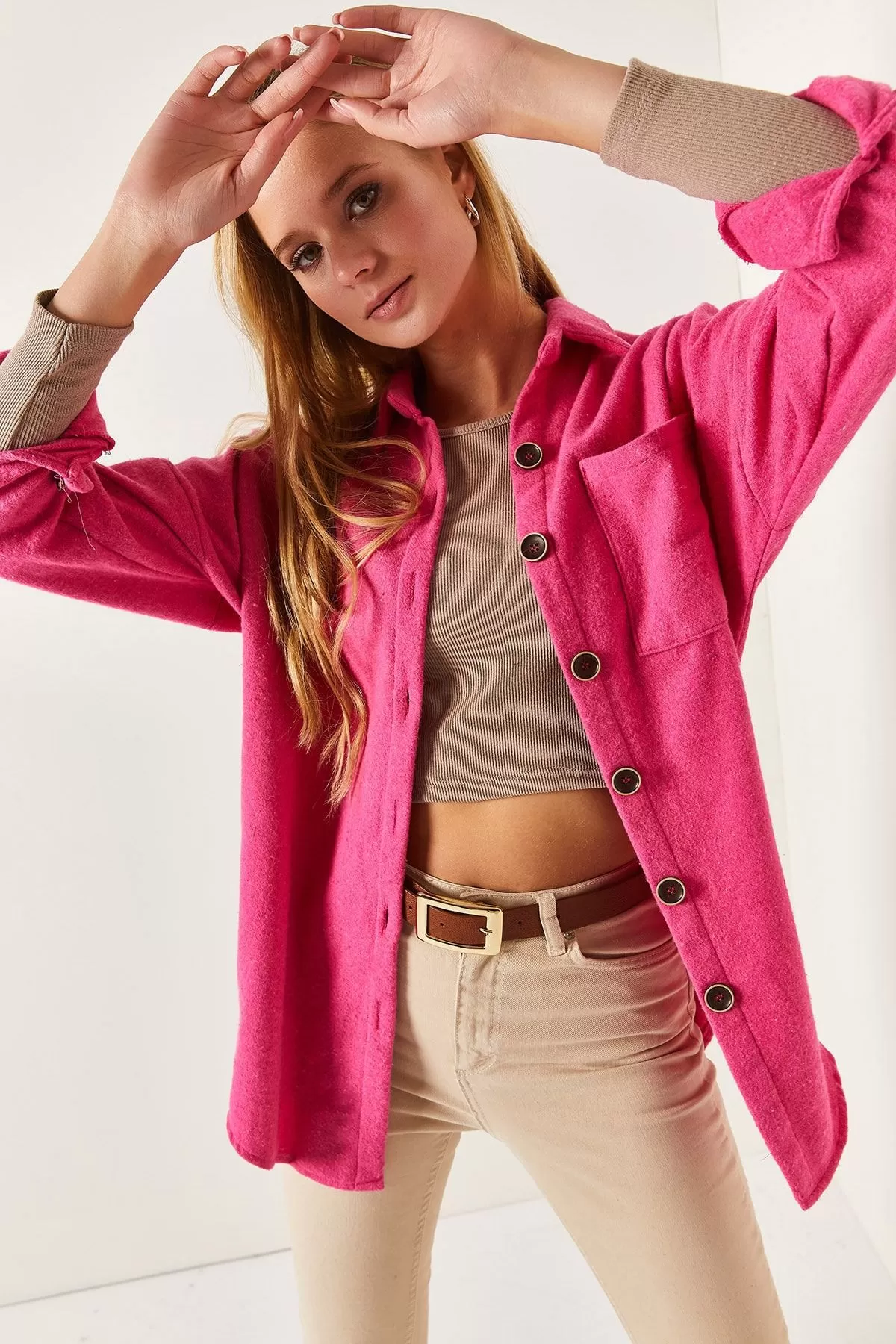 ARM-22Y001156 Pembe Oversize Kaşe Cepli Gömlek