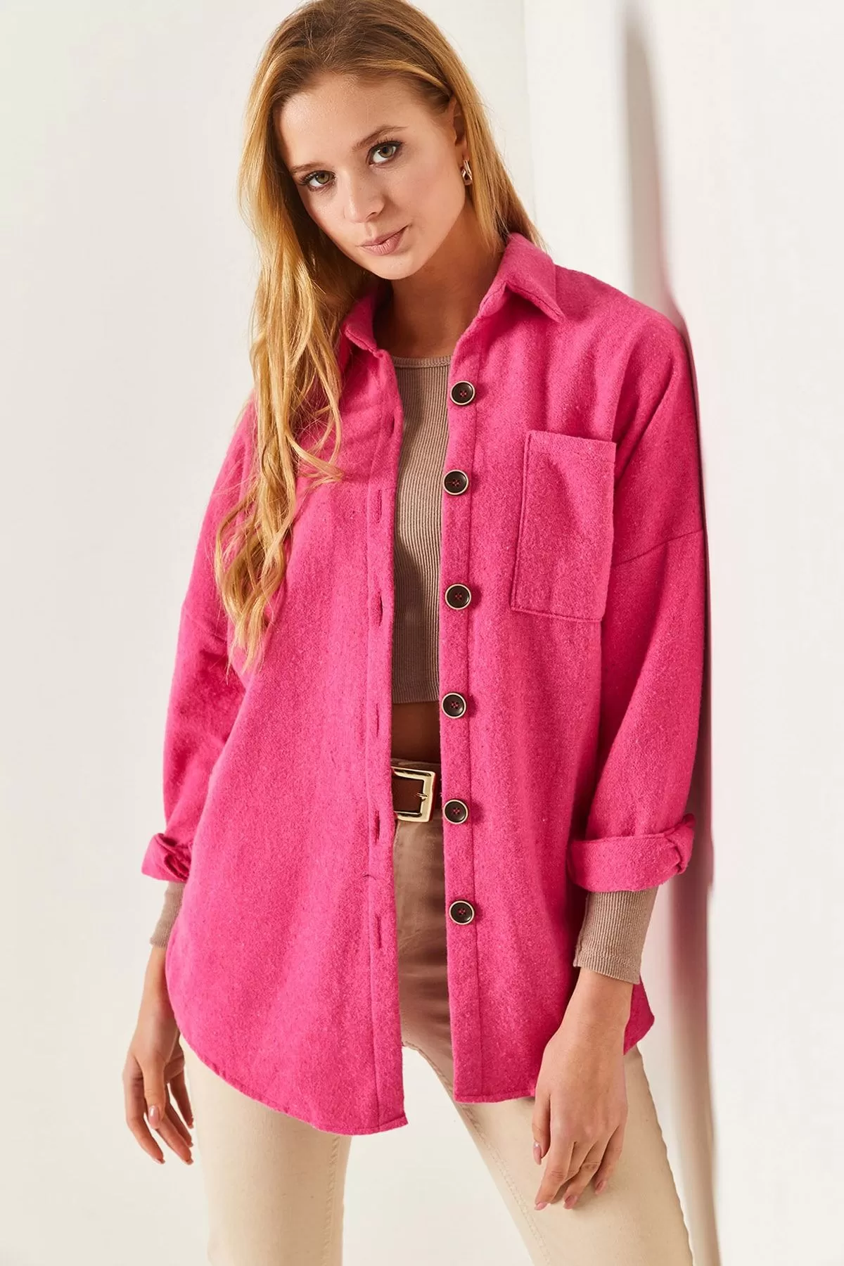 ARM-22Y001156 Pembe Oversize Kaşe Cepli Gömlek