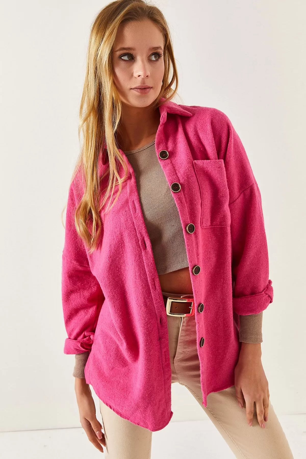 ARM-22Y001156 Pembe Oversize Kaşe Cepli Gömlek