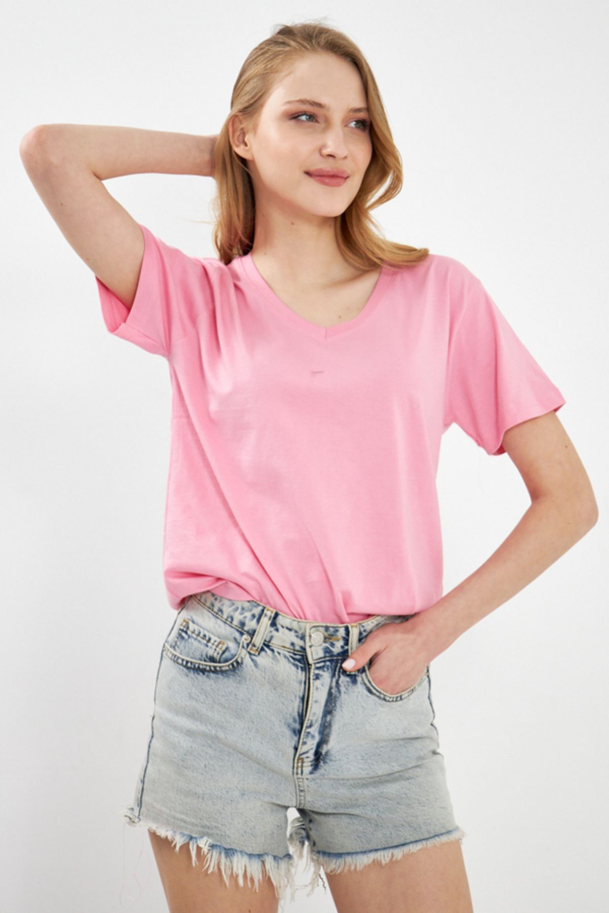 ARM-23Y024002 Pembe V Yaka T-Shirt