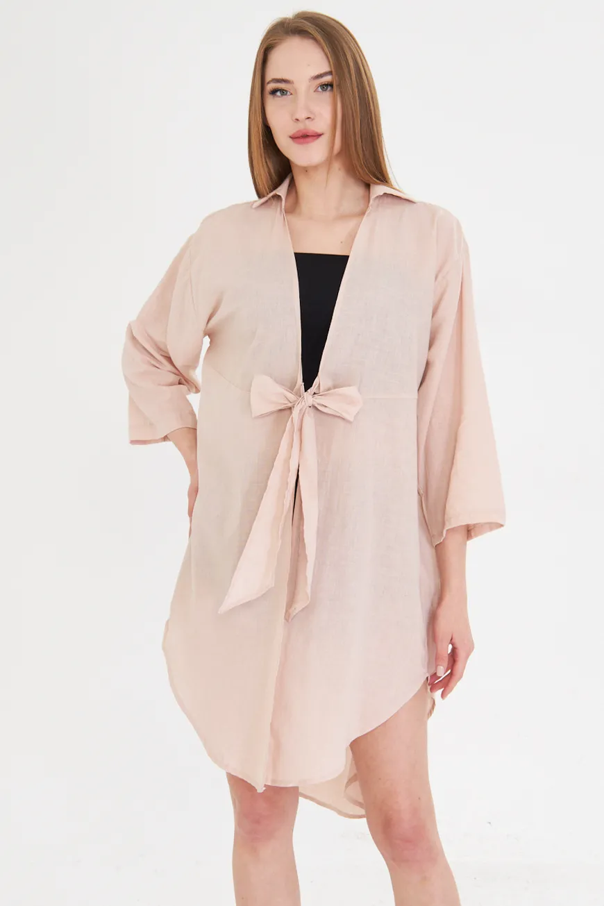 ARM-24Y001081 Pudra Önden Bağlamalı İnce Keten Kumaş Midi Boy Kimono Gömlek