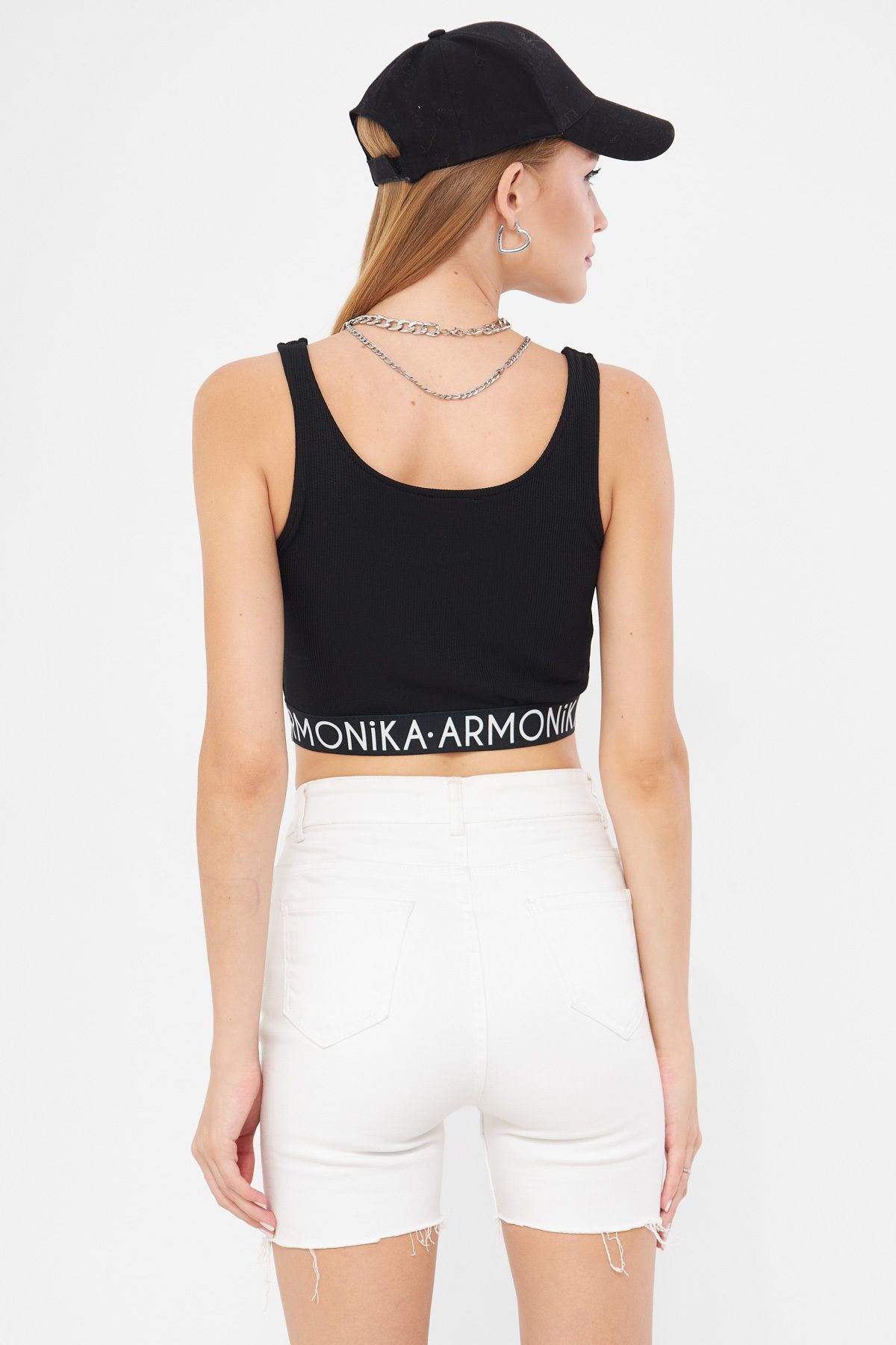 ARM-24Y001104 Siyah Beli Lastik Detaylı Crop Bluz